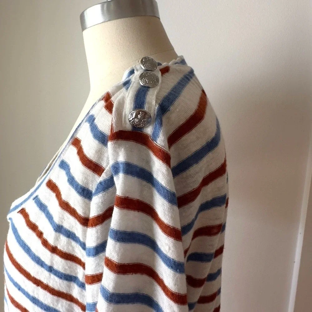 Veronica Beard Benji Striped 100% Linen Short Sleeve T-Shirt-Rust & Blue-Sz M - Picture 2 of 13